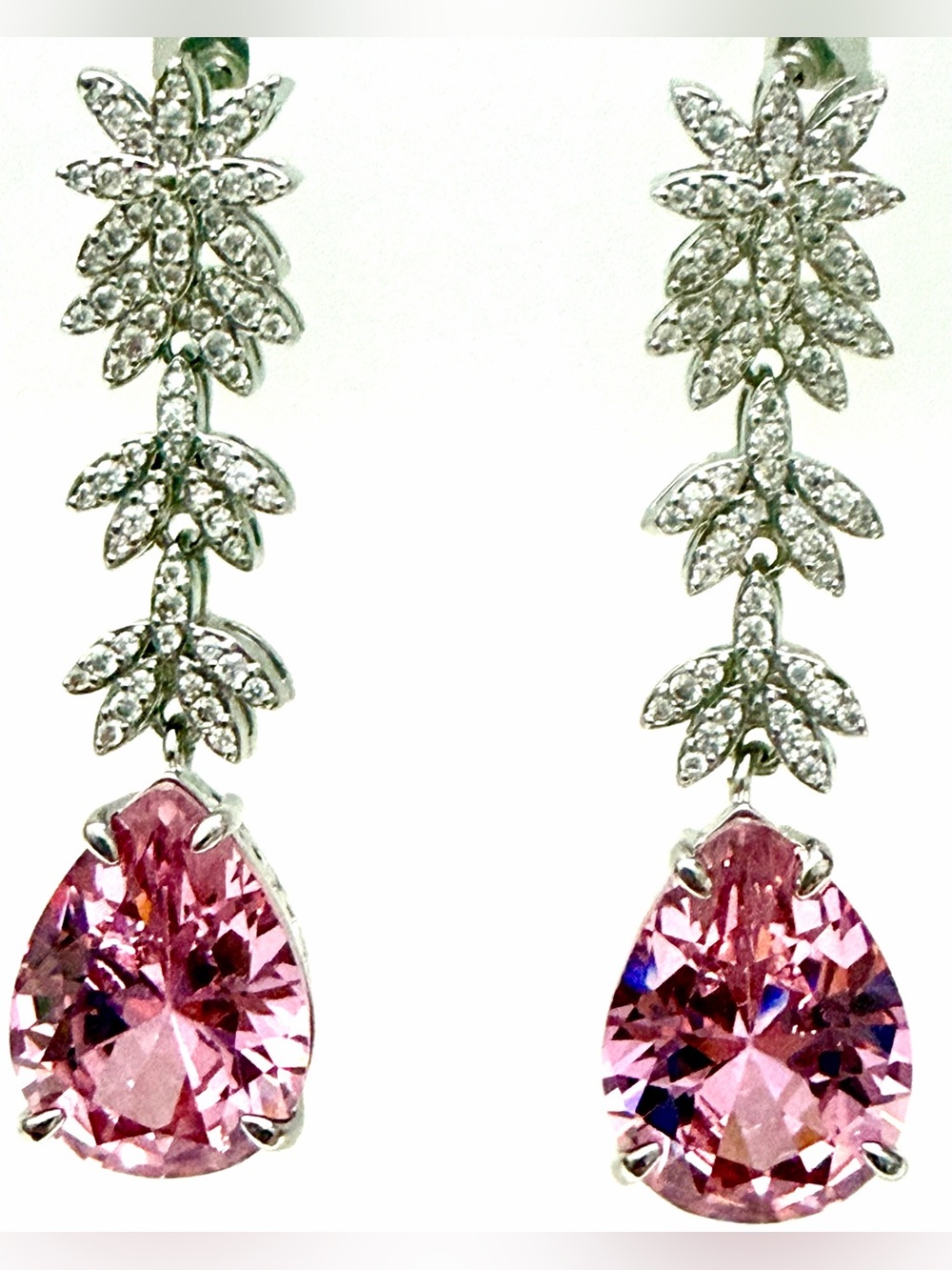 Light Blush Pink Crystal Teardrop Statement Drop Earrings Silver Tone